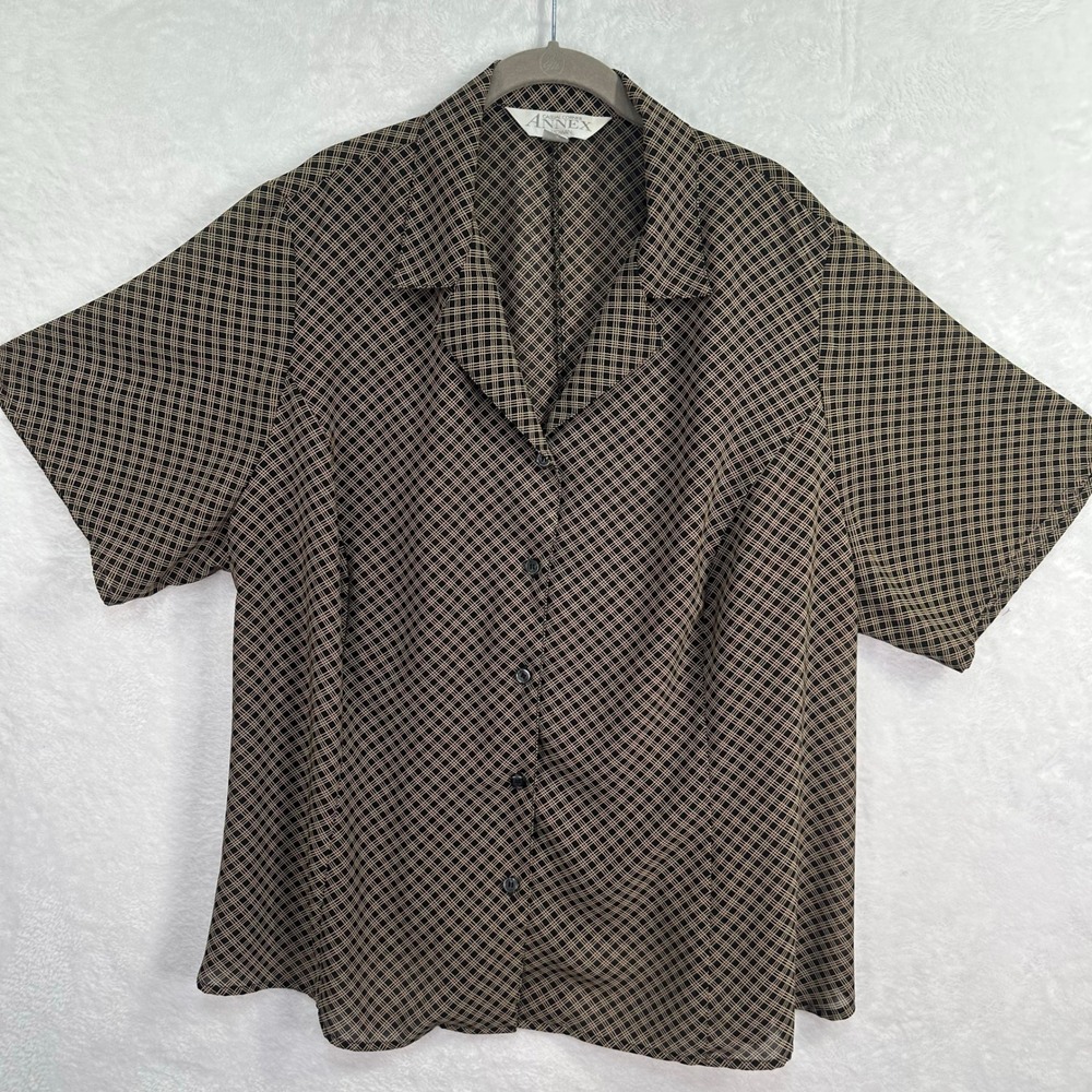 Casual Corner Annex Woman Blouse Women 24W Black Tan Checkered Short Sleeve